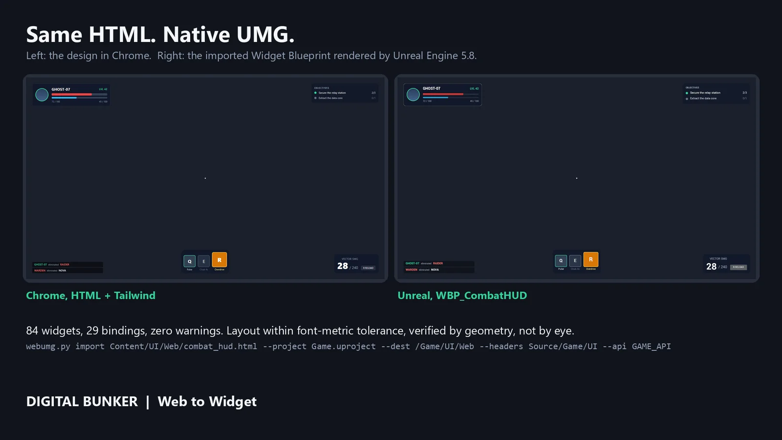 The same interface in Chrome and rendered as an Unreal Engine UMG widget.